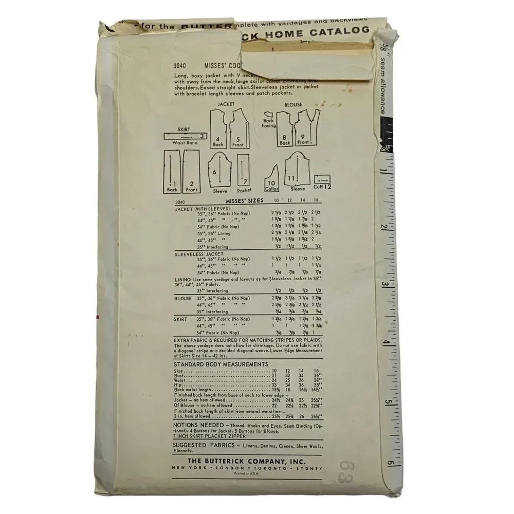 Vintage Butterick 3040 Pattern Misses 10-16 Jacket Sailor Collar Top Skirt Cut